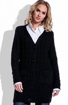 FIMFI I203 kardigan czarny Elegancki kardigan damski, ozdobiony pięknym warkoczowym wzorem, sweter z długim rękawem