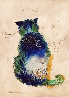 "KOT NOCNY" obraz namalowany farbami akrylowymi na płótnie 70x50cm przez artystkę plastyka Adrianę Laube. Obraz naciągnięty na blejtram, ma zamalowane boki, sygnowany....