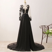 Oszałamiający Przebili Czarne Sukienki Wieczorowe 2017 Princessa Wycięciem Długie Rękawy Aplikacje Z Koronki Szyfon Sukienki Wizytowe Trenem Kaplica