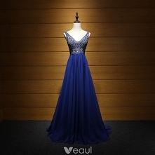 Luksusowe Królewski Niebieski Sukienki Wieczorowe 2017 Princessa V-Szyja Bez Rękawów Frezowanie Perła Rhinestone Trenem Sweep Wzburzyć Bez Pleców Sukienki Wizytowe