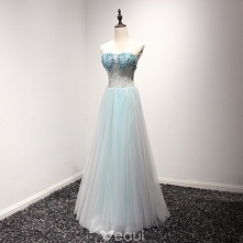 Piękne Błękitne Sukienki Wieczorowe 2017 Princessa Kochanie Bez Rękawów Frezowanie Rhinestone Cekiny Długie Wzburzyć Bez Pleców Sukienki Wizytowe