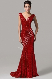 Zjawiskowa czerwona suknia cekinowa z trenem| czerwone sukienki na sylwestra, bal. Suknia cekinowa, długa czerwona suknia