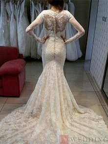 Scoop Long Sleeves Lace Button Lace Wedding Dress