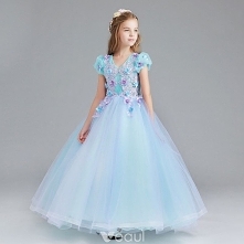 Piękne Niebieskie Błękitne Sukienki Dla Dziewczynek 2017 Suknia Balowa V-Szyja Kótkie Rękawy Kwiat Aplikacje Z Koronki Długie Wzburzyć Sukienki Na Wesele