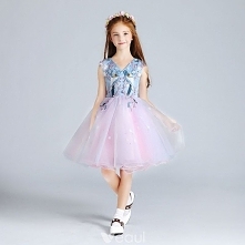 Piękne Cukierki Różowy Błękitne Sukienki Dla Dziewczynek 2017 Suknia Balowa V-Szyja Bez Rękawów Aplikacje Kwiat Perła Haftowane Krótkie Wzburzyć Sukienki Na Wesele