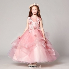 Piękne Rumieniąc Różowy Sukienki Dla Dziewczynek 2017 Suknia Balowa Wycięciem Bez Rękawów Z Koronki Aplikacje Kwiat Perła Rhinestone Długie Kaskadowe Falbany Przebili Sukienki N...