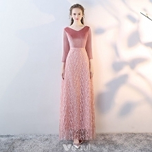 Piękne Różowy Perłowy Sukienki Wieczorowe 2017 Imperium 3/4 Rękawy V-Szyja Aplikacje Z Koronki Szarfa Długie Sukienki Wizytowe