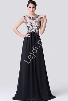 Sukienka z trenem na studniówkę, karnawał | czarna sukienka z złotą górą. Suknia wieczorowa wykonana z szyfonu z krótkim trenem.