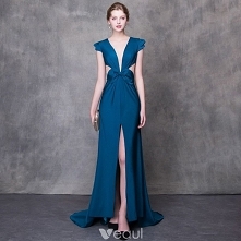 Stylowe / Modne Tusz Niebieski Sukienki Wieczorowe 2018 Syrena / Rozkloszowane V-Szyja Rękawy z Kapturkiem Podział Przodu Trenem Sąd Bez Pleców Sukienki Wizytowe