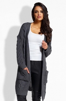 Envy EM608 sweter grafitowy Piękny dłuższy kardigan, wykonany ciepłej dzianiny, przód ozdobiony warkoczami