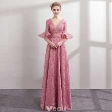 Stylowe / Modne Cukierki Różowy Koronkowe Sukienki Wieczorowe 2018 Princessa Perła V-Szyja 1/2 Rękawy Kokarda Szarfa Długie Wzburzyć Bez Pleców Sukienki Wizytowe