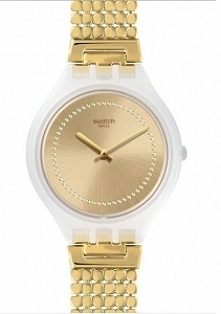 Swatch SVOW104GA szwajcarski zegarek Skinglance dla kobiet zasilany mechanizmem kwarcowym. Do plastikowej koperty przymocowano stalową bransoletę powlekaną złotym PVD. Posiada z...