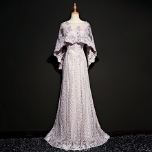 Stylowe / Modne Lawenda Przezroczyste Sukienki Wieczorowe Z Szalem 2018 Princessa Wycięciem Bez Rękawów Aplikacje Z Koronki Perła Rhinestone Trenem Sweep Sukienki Wizytowe