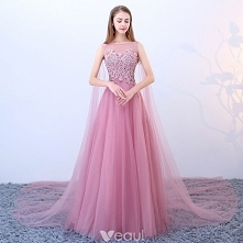 Piękne Rumieniąc Różowy Sukienki Na Bal 2018 Princessa Kwadratowy Dekolt Bez Rękawów Cekiny Frezowanie Trenem Watteau Wzburzyć Bez Pleców Sukienki Wizytowe