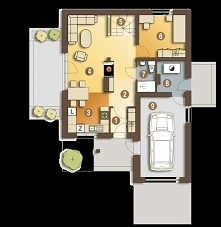 Projekt gotowy Drop to propozycja skromnego i sympatycznego domu jednorodzinnego z zielonym tarasem nad garażem. Projekt domu Drop - rzut parteru.