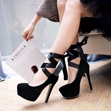 Seksowne Czarne Buty Damskie 2018 Wieczorowe Zamszowe Z Paskiem Koronki Na Platformie 13 cm Szpilki Okrągłe Toe Czółenka