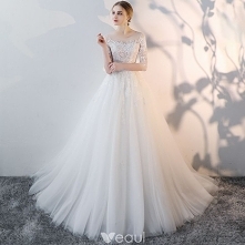 Uroczy Kość Słoniowa Lato Przezroczyste Suknie Ślubne 2018 Princessa Wycięciem 3/4 Rękawy Bez Pleców Aplikacje Z Koronki Przebili Wzburzyć Trenem Kaplica