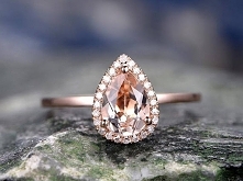 Pink Morganite engagement ring-handmade Solid 14k Rose gold ring-Real Diamond Ring-6x9mm pear gemstone promise ring-Bridal Ring-halo ring