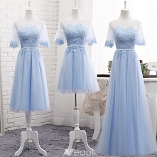 Piękne Błękitne Przezroczyste Lato Sukienki Dla Druhen 2018 Princessa Wycięciem Kótkie Rękawy Aplikacje Z Koronki Szarfa Wzburzyć Bez Pleców Sukienki Na Wesele