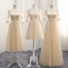 Piękne Szampan Przezroczyste Lato Sukienki Dla Druhen 2018 Princessa Wycięciem 1/2 Rękawy Aplikacje Z Koronki Kokarda Szarfa Wzburzyć Bez Pleców Sukienki Na Wesele