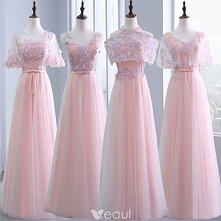 Piękne Różowy Perłowy Sukienki Dla Druhen 2018 Princessa Aplikacje Kwiat Kokarda Szarfa Frezowanie Długie Wzburzyć Bez Pleców Sukienki Na Wesele