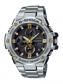 Casio GST-B100D-1A9ER Bluetooth męski zegarek sportowy G-shock zasilany energią słoneczną. Wyróżnia go wytrzymała obudowa ze stali szlachetnej mocowana do wygodnej stalowej bran...