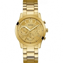 Guess W1070L2 zegarek damski większych rozmiarów, wykonany w całości ze stali szlachetnej złoconej metodą PVD. Z cyferblatu można odczytać podwójny datownik. Aby przenieść się d...