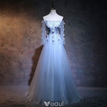 Eleganckie Błękitne Sukienki Na Bal 2018 Princessa Przy Ramieniu Długie Rękawy Aplikacje Z Koronki Kwiat Perła Szarfa Długie Wzburzyć Bez Pleców Sukienki Wizytowe