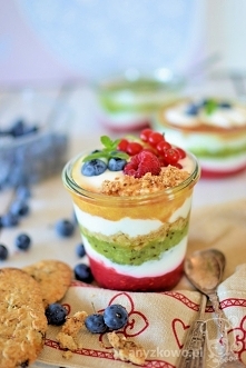 Śniadanie w kolorach tęczy : Składniki na 3 porcje : 150g malin 3 kiwi 2 brzoskwinie 400g jogurtu naturalnego 6 ciastek BelVita musli z owocami Przygotowanie : Owoce opłucz. Brz...