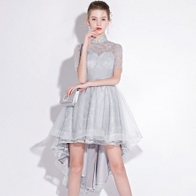 Piękne Srebrny Sukienki Koktajlowe 2018 Princessa Z Koronki Kwiat Szarfa Cekiny Wysokiej Szyi Kótkie Rękawy Asymetryczny Sukienki Wizytowe