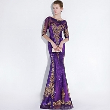 Błyszczące Winogrono Sukienki Wieczorowe 2018 Syrena / Rozkloszowane Cekinami Cekiny Haftowane Wycięciem 1/2 Rękawy Długie Sukienki Wizytowe