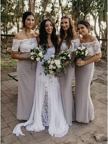 Two Piece Off-the-Shoulder Short Sleeves Light Grey Bridesmaid Dress with Lace