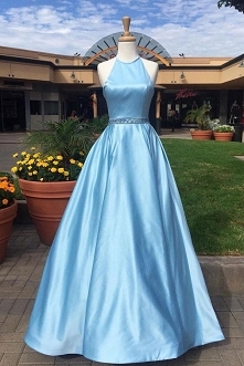 Blue A Line Floor Length Halter Sleeveless Beading Belt Prom Dress,Party Dress P494
