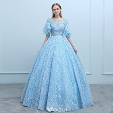 Eleganckie Niebieskie Przezroczyste Sukienki Na Bal 2018 Suknia Balowa Wycięciem 1/2 Rękawy Aplikacje Kwiat Frezowanie Długie Wzburzyć Bez Pleców Sukienki Wizytowe