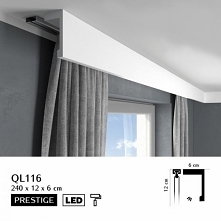 Listwa osłaniająca karnisz o wysokości 12cm to model QL116 Elite Mardom Decor. Gładka osłona karnisza nie posiadająca zdobień, z możliwością użycia paska LED. Listwa karniszowa ...