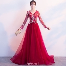 Zniżka Czerwone Sukienki Wieczorowe 2018 Princessa V-Szyja Długie Rękawy Haftowane Rhinestone Trenem Sweep Wzburzyć Bez Pleców Sukienki Wizytowe