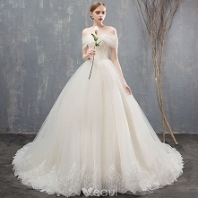 Eleganckie Szampan Suknie Ślubne Suknia Balowa Z Koronki Przy Ramieniu Bez Pleców Bez Rękawów Trenem Kaplica Ślub