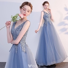 Piękne Ciemnoniebieski Sukienki Wieczorowe 2018 Princessa Aplikacje Z Koronki V-Szyja Bez Pleców Bez Rękawów Długie Sukienki Wizytowe
