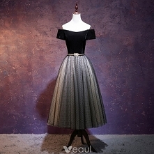 Piękne Czarne Sukienki Na Bal 2018 Suknia Balowa Szarfa Zamszowe Przy Ramieniu Bez Pleców Kótkie Rękawy Długość Herbaty Sukienki Wizytowe