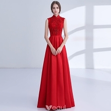 Chiński Styl Czerwone Sukienki Wieczorowe 2018 Princessa Aplikacje Z Koronki Frezowanie Kryształ Wysokiej Szyi Bez Pleców Bez Rękawów Długie Sukienki Wizytowe