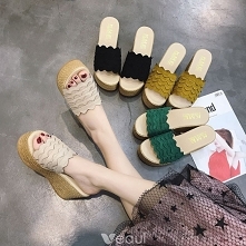 Zniżka Beżowe Lato Przypadkowy Sandały Damskie 2018 9 cm Na Platformie Na Koturnie Peep Toe Sandały