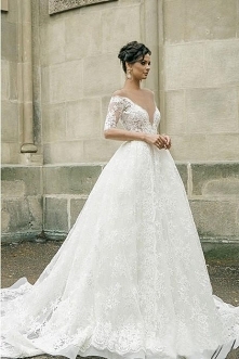 Half Sleeves Sheer Deep V-neck Lace Applique Ball Gown Illusion Back Wedding Dress, W318