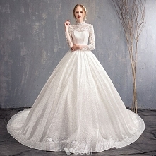 Eleganckie Białe Suknie Ślubne 2018 Princessa Aplikacje Z Koronki Wysokiej Szyi Bez Pleców Długie Rękawy Trenem Kaplica Ślub