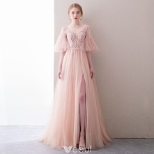 Piękne Rumieniąc Różowy Sukienki Wieczorowe 2018 Princessa Frezowanie Cekiny Perła Podział Przodu V-Szyja 1/2 Rękawy Bez Pleców Trenem Sweep Sukienki Wizytowe