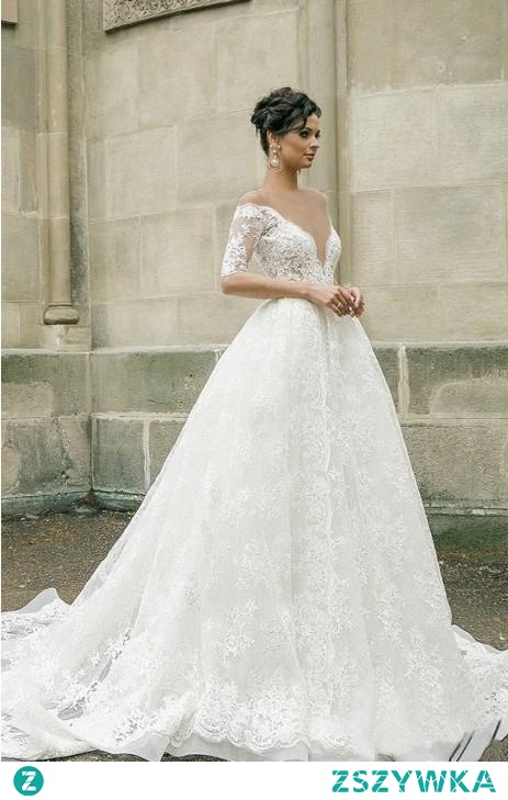 Half Sleeves Sheer Deep V-neck Lace Applique Ball Gown Illusion Back Wedding Dress, W318