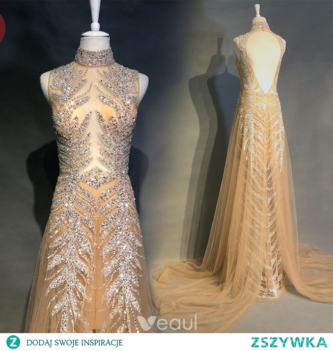 Luxus Champagne Selskabskjoler 2018 Prinsesse Håndlavet Beading Pailletter Høj Hals Halterneck Ærmeløs Feje tog Kjoler