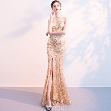 Chiński Styl Szampan Sukienki Wieczorowe 2018 Syrena / Rozkloszowane Cekiny Rhinestone Wysokiej Szyi Bez Rękawów Długie Sukienki Wizytowe