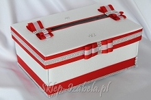 pudełko na koperty ślubne, czerwone i srebrne zdobienia