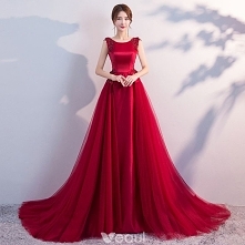 Uroczy Burgund Sukienki Wieczorowe 2018 Princessa Frezowanie Kryształ Z Koronki Kwiat Cekiny Wycięciem Bez Pleców Bez Rękawów Trenem Sweep Sukienki Wizytowe