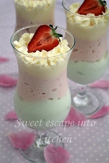 Deser Ptasie Mleczko.

Składniki:

3 galaretki (truskawkowa, brzoskwiniowa, agrestowa)
puszka mleka skondensowanego, niesłodzonego
Dekoracja - opcjonalnie:

100 ml śmetany kremó...